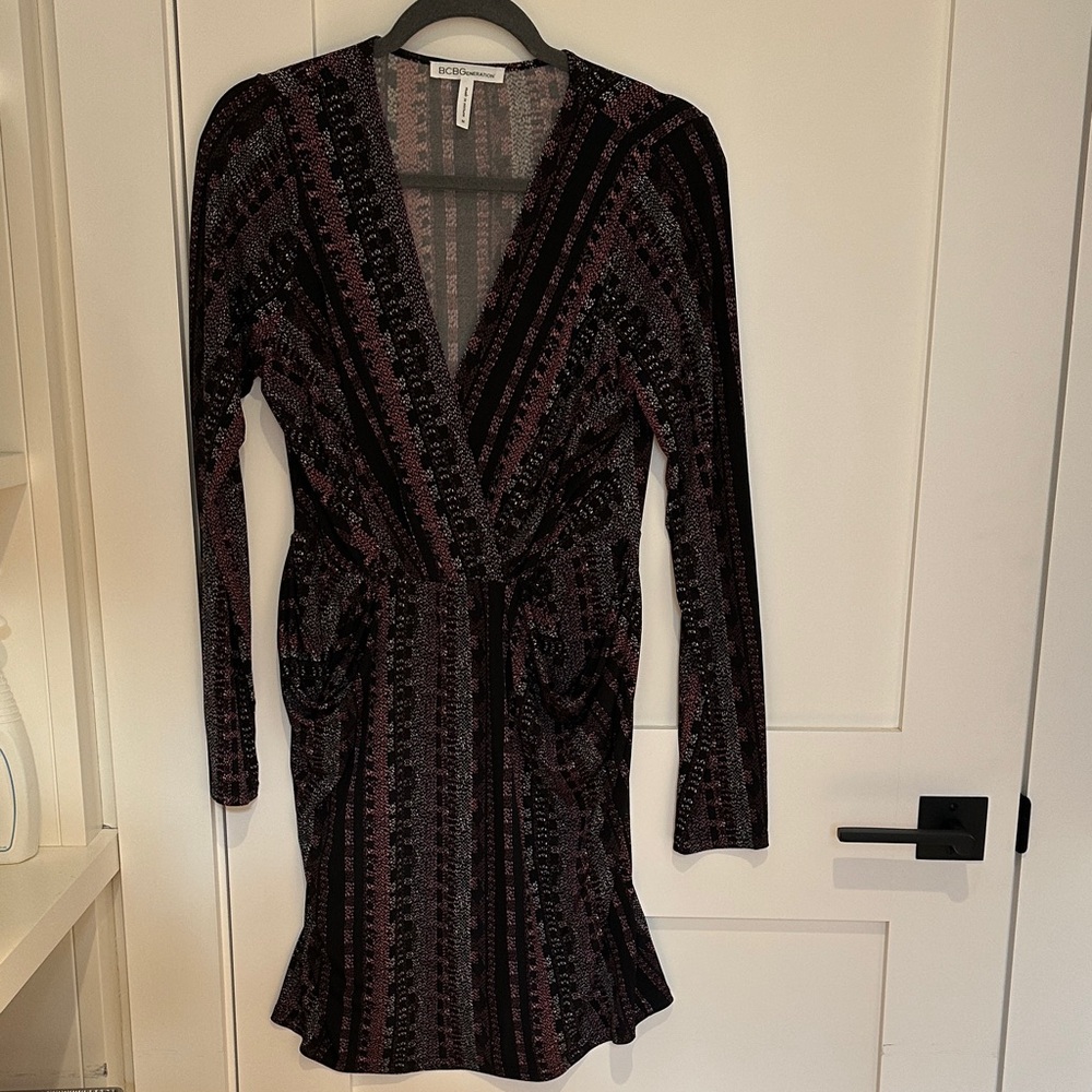 BCBGeneration Black and Plum Striped Wrap Long Sleeve Dress